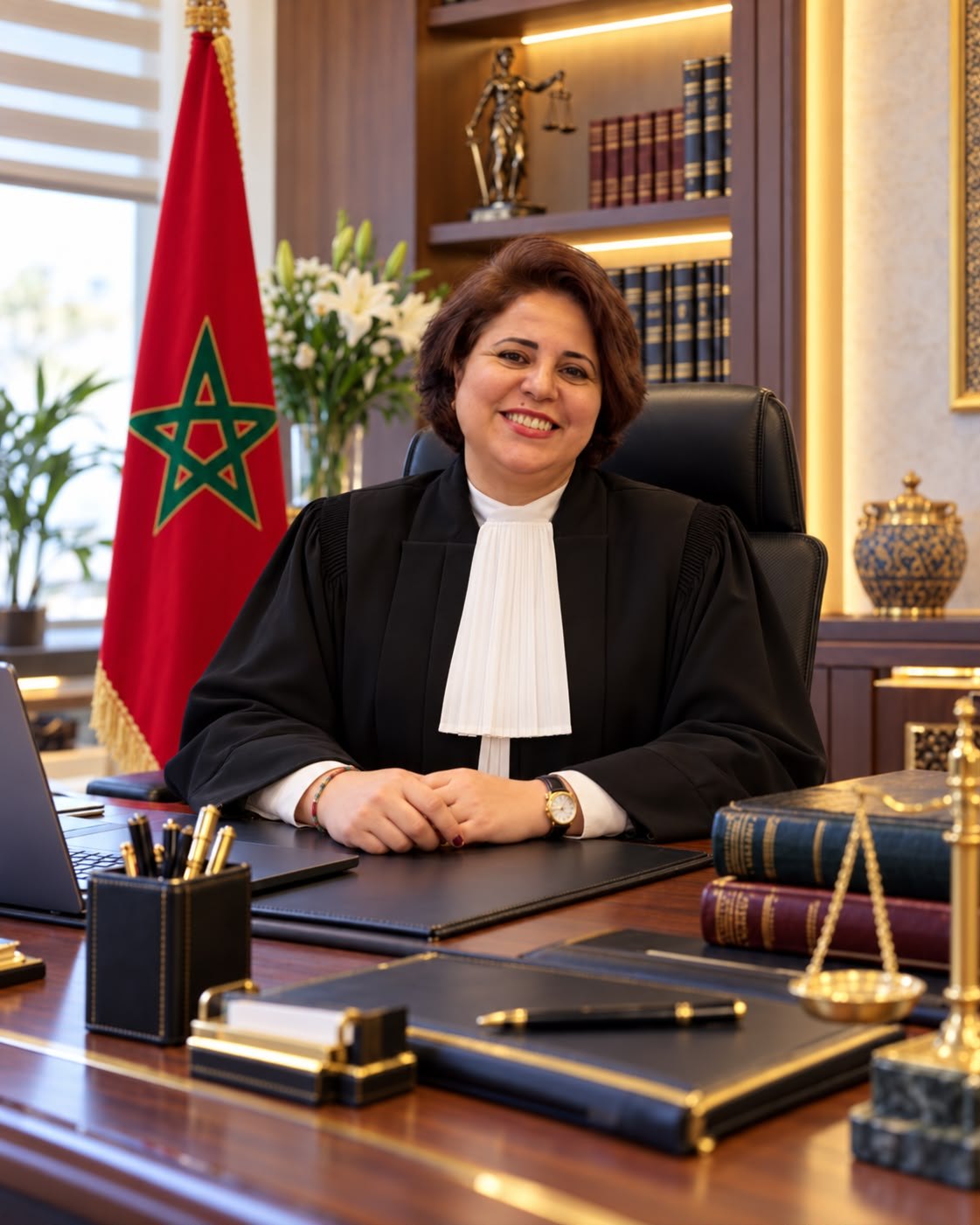 الأستاذة عتيقة الوزري ببذلة المحاماة في مكتبها